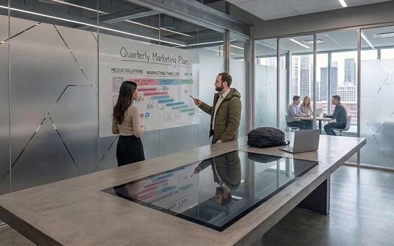Two professionals pointing at a whiteboard discussing a marketing timeline