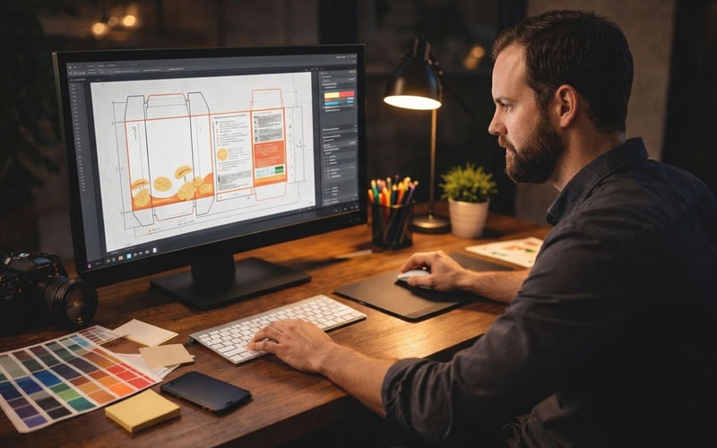 Designer working on a digital drawing tablet with color swatches